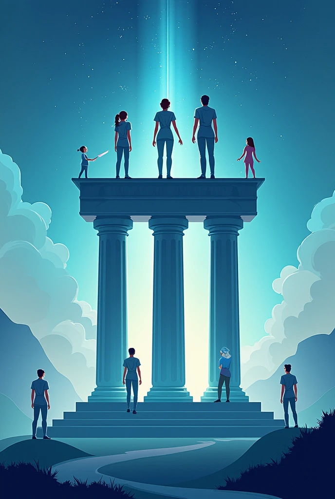 In grayscale with the sun at the top the goddess Aphrodite the goddess Minerva the god Hercules between two columns using a cell phone looking down at his feet