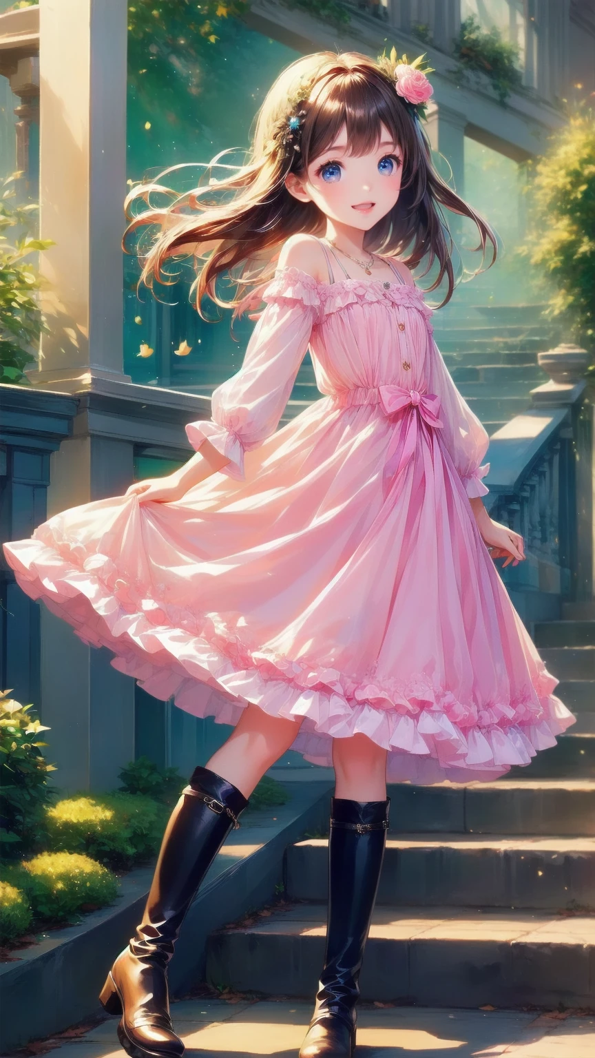 、 beautiful girl、とてもcute天使、 pink gothic dress 、cute、、smile、 long skirt、 black long boots 、
