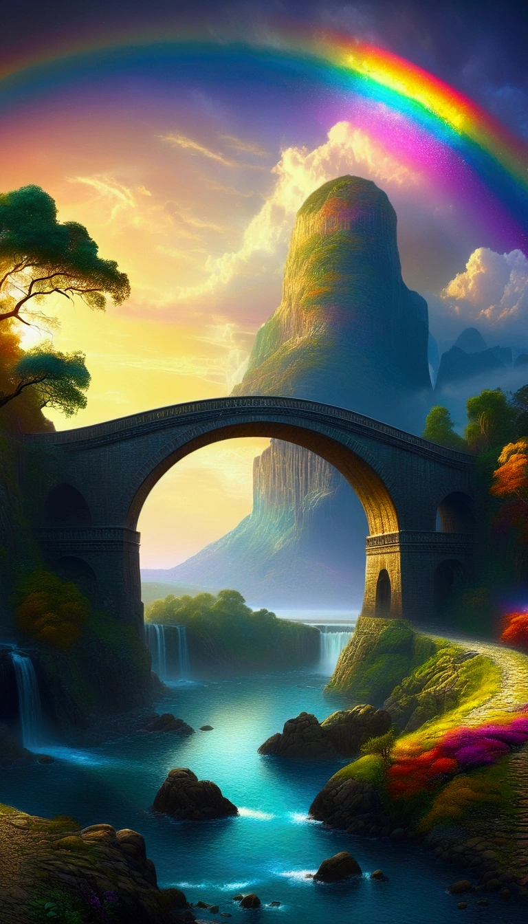 A stunning rainbow bridge:1.5, a fantasy landscape, atmospheric lighting, dramatic sky, bright colors, magical landscape, (best quality, 4k, 8k, high resolution, masterpiece:1.2), ultra-detailed, (realistic, photorealistic, photorealistic:1.37), dramatic lighting, vibrant colors, cinematic composition, epic scale, detailed architecture, intricate details, panoramic view, stunning panorama, fantasy art