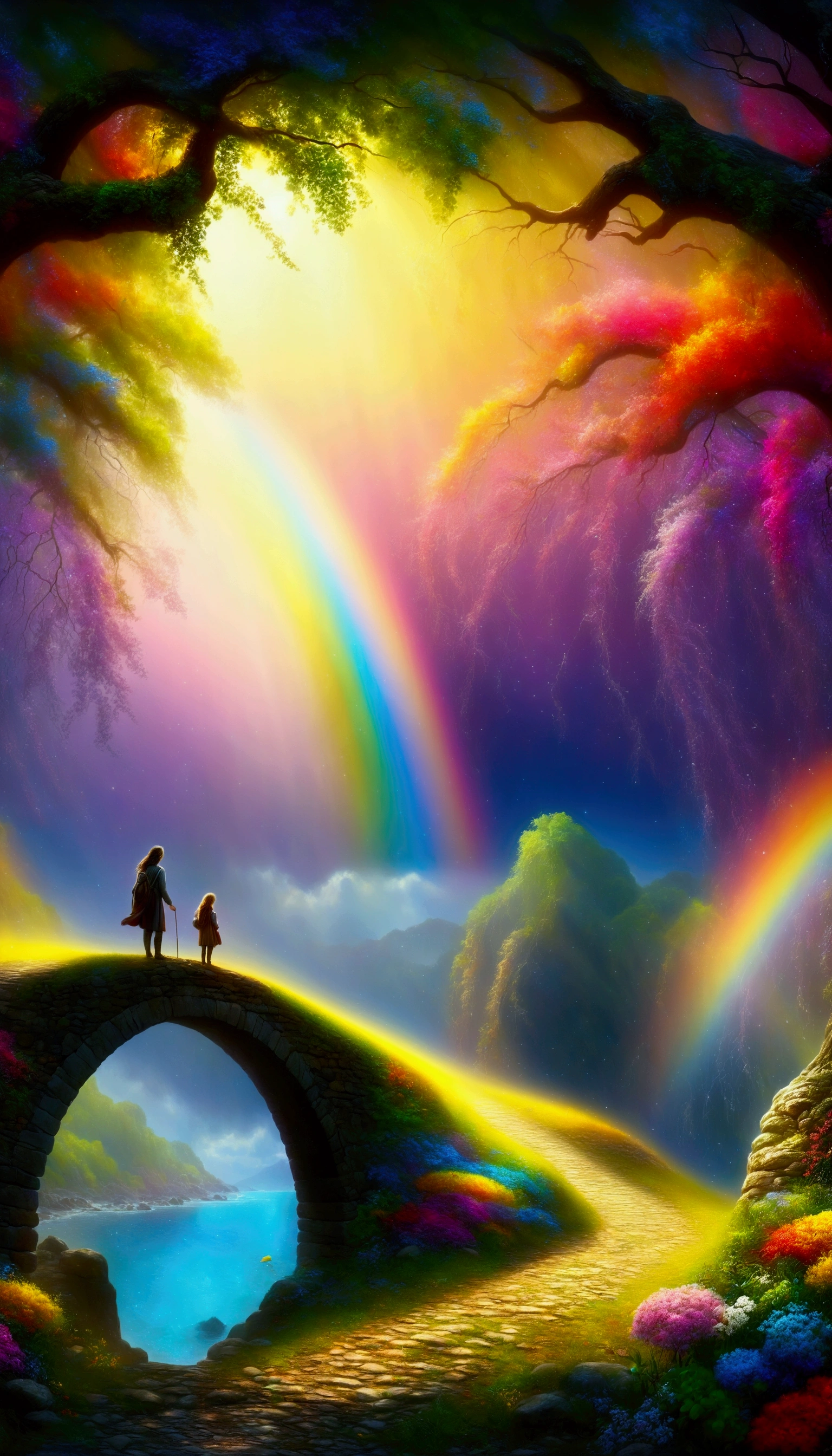 A mystical rainbow bridge, fantasy landscape, dramatic lighting, vibrant colors, (best quality, 4k, 8k, high resolution, masterpiece:1.2), ultra detailed, (realistic, photorealistic, photorealistic:1.37), HDR, UHD, studio lighting, ultra-fine painting, sharp focus, physically based rendering, extreme detail description, professional, vivid colors, bokeh, fantasy art, digital painting