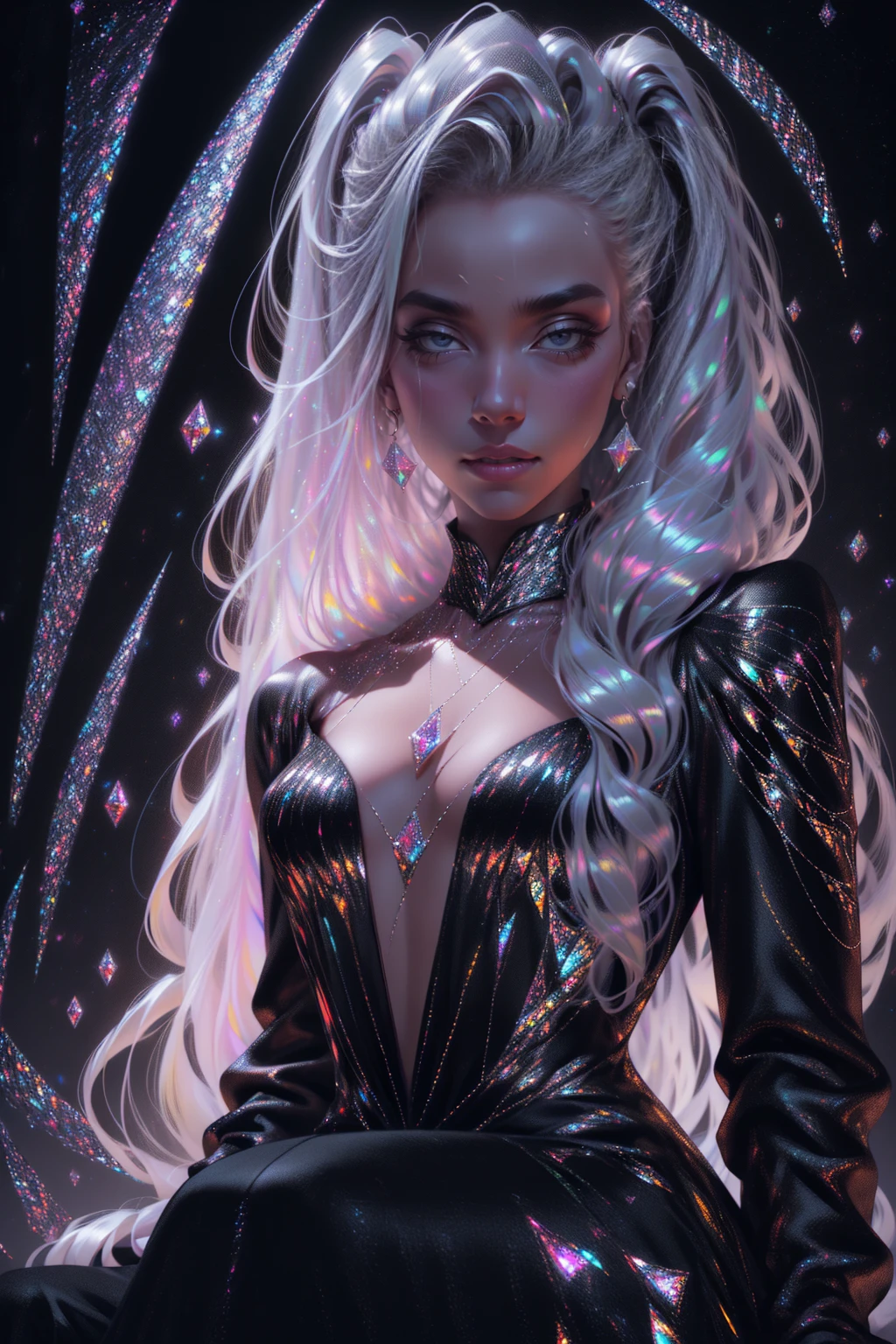 {-erro_de_anatomia:1.0} masterpiece, highest quality, (perfect face:1.1, (high detail)1.1, sweet stardust vampire , long soft white hair, opal eyes, perfectly drawn face, black dress, stars detailed background, prismatic lighting, glitter, whole body, walking on the stars, sitting on the stars