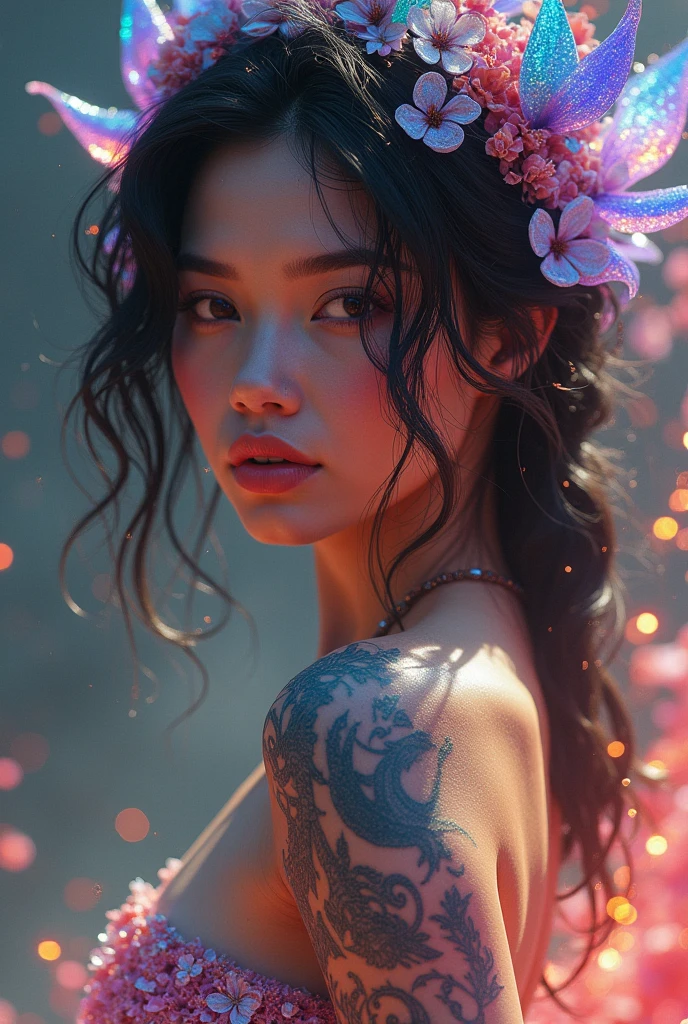 a sexy asian woman, 1girl, bikini, athletic, big butt, long hair, intricate hairstyle, henna calligraphy tattoo on back, holding hair up, (best quality,4k,8k,highres,masterpiece:1.2),ultra-detailed,(realistic,photorealistic,photo-realistic:1.37),HDR,UHD,studio lighting,ultra-fine painting,sharp focus,physically-based rendering,extreme detail description,professional,vivid colors,bokeh,portrait, her back is to the viewer, show all of her, show her head to toe