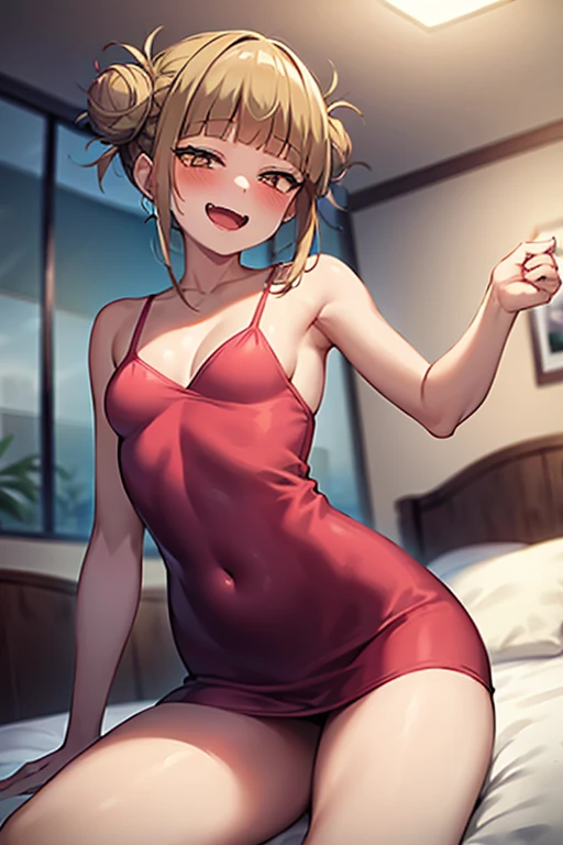 (( best quality)), ((masterpiece)), (be familiar with),  perfect face, indoor, bedroom,  watching viewers,
One woman, I was,
 characters with open mouth ,  ecstatic expression with hands in front of body, blush, smile,
Small breasts,  flat chested, Young girl, Lori,  ****,  girl,
 long hair, Twin bun hairstyle,
Leg spread,