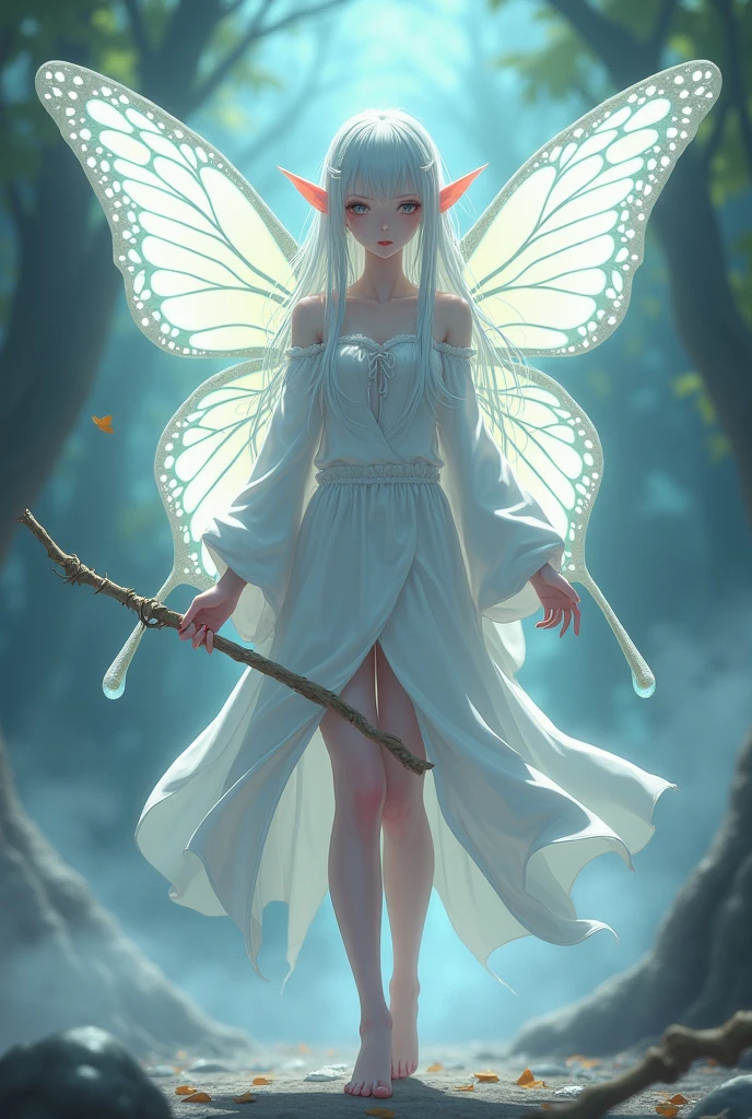 a barefoot witch, wearing white robes, with white hair, with white skin, butterfly wings, holding a whip, elf ears, anime style