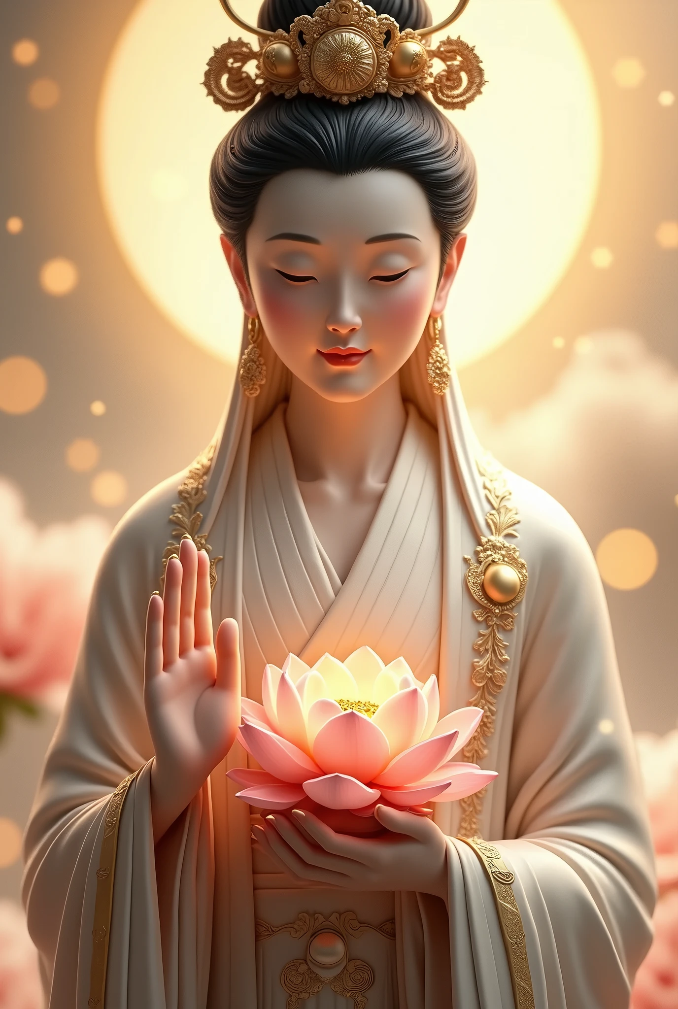 Guanyin standing on a lotus seat, Guanyin Bodhisattva, Guanyin Bodhisattva, white as jade, rose red, many roses, waterfall like snowy mountains, pouring, radiant, sparkling, ethereal, super high detail, real photos, intricate details, perfect composition, beautiful details complex, 8 k HD