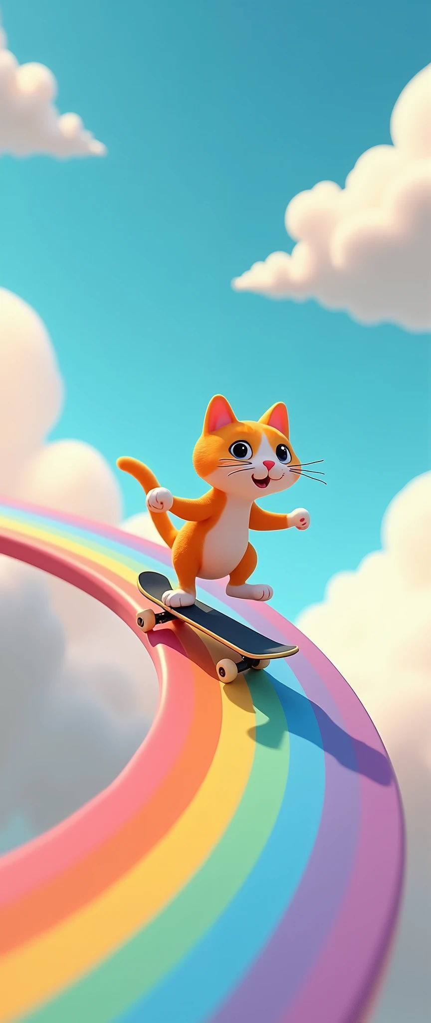 (masterpiece:1.2, Superior Quality ,Milonish, cinematic experience , super detailed, super high definition , Best Illustration , super detailed), 3D isometric illustration,16k,wallpaper,Pixar Studios ,(Rainbow Bridge:2.0),(null:2.0),(nullに浮かぶRainbow Bridgeの上でスケートボードのトリックを決める可愛い猫のクローズアップ:2.0), dynamic,( deformed characters :2.0), Minimalist ,Pixar Studios ,From below,(cloud:2.0),( cute illustration:2.0),( beautiful gradation :2.0),( comical :2.0), Rainbow Colors 