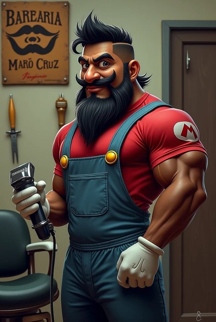 Photo realistic muscled mario bros with long beard and a cigar in his mouth