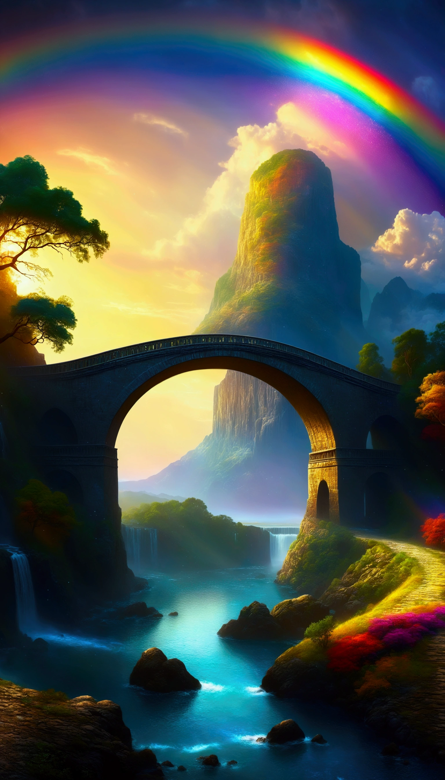 A stunning rainbow bridge:1.5, a fantasy landscape, atmospheric lighting, dramatic sky, bright colors, magical landscape, (best quality, 4k, 8k, high resolution, masterpiece:1.2), ultra-detailed, (realistic, photorealistic, photorealistic:1.37), dramatic lighting, vibrant colors, cinematic composition, epic scale, detailed architecture, intricate details, panoramic view, stunning panorama, fantasy art