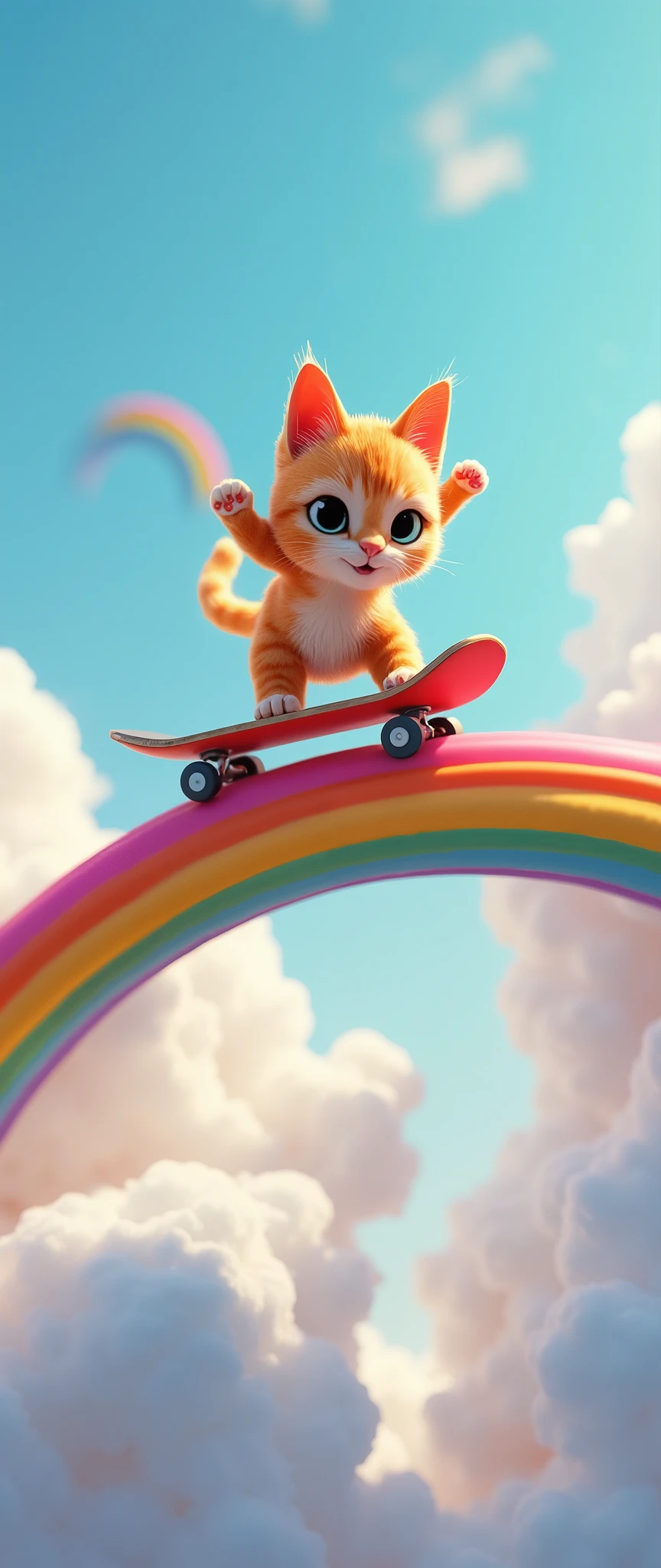 (masterpiece:1.2, Superior Quality ,Milonish, cinematic experience , super detailed, super high definition , Best Illustration , super detailed), 3D isometric illustration,16k,wallpaper,Pixar Studios ,(Rainbow Bridge:2.0),(null:2.0),(nullに浮かぶRainbow Bridgeの上でスケートボードのトリックを決める可愛い猫のクローズアップ:2.0), dynamic,( deformed characters :2.0), Minimalist ,Pixar Studios ,From below,(cloud:2.0),( cute illustration:2.0),( beautiful gradation :2.0),( comical :2.0), Rainbow Colors 