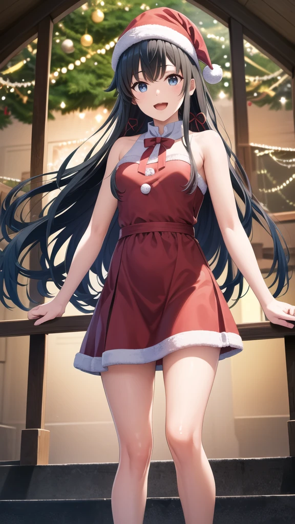 masterpiece, best quality, highres, aayukino, long hair, ahoge, hair ribbon, merry christmas Dress, smile, open mouth, standing