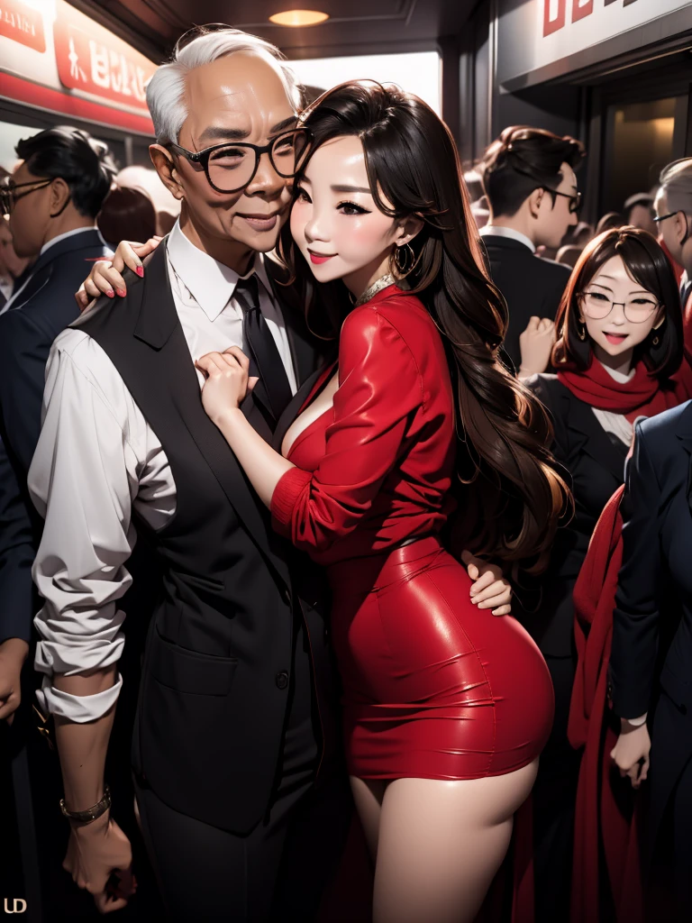 A beautiful woman wearing a revealing skirt suit, her elderly husband hugged and kissed her from behind in the crowded crowd, UHD, masterpiece, textured skin, super detail, best quality, 8k.