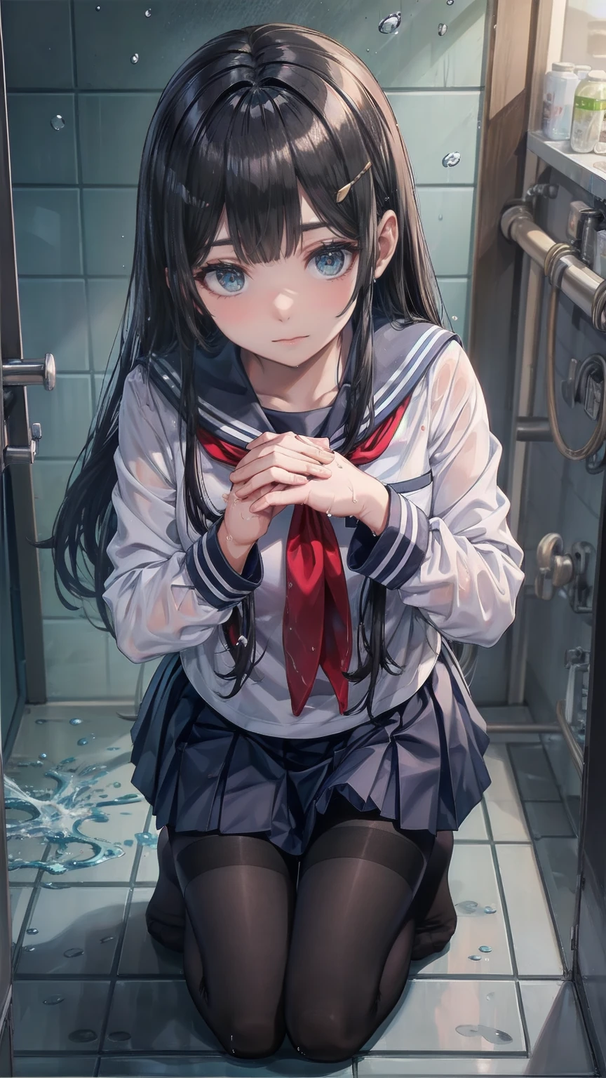 High school girl uniform, black pantyhose, outsole of foot, kneeling between hands and feet, public toilet floor wet drops, wet hair, wet clothes, transparent clothing, water is sprayed from above