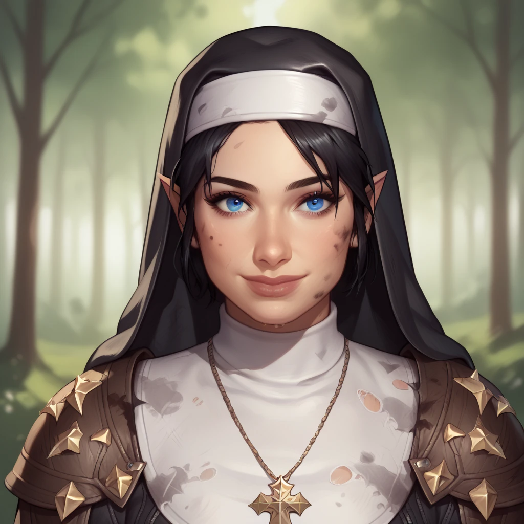 (((beautiful, high quality, comics style, detailed face))), score_9, score_8_up, score_7_up, BREAK, 1girl, duxlipa, warrior nun, small pointed ears, black hair, blue eyes, leather armor, (leather shoulder pads), simple pendant, nun veil, dirty clothes, smile, docile, female focus, solo:1.4, portrait, upper body, portrait, looking at the viewer, forest background, fantasy, blurred background, Expressiveh, detailxl, DeepNegative_xl_v1