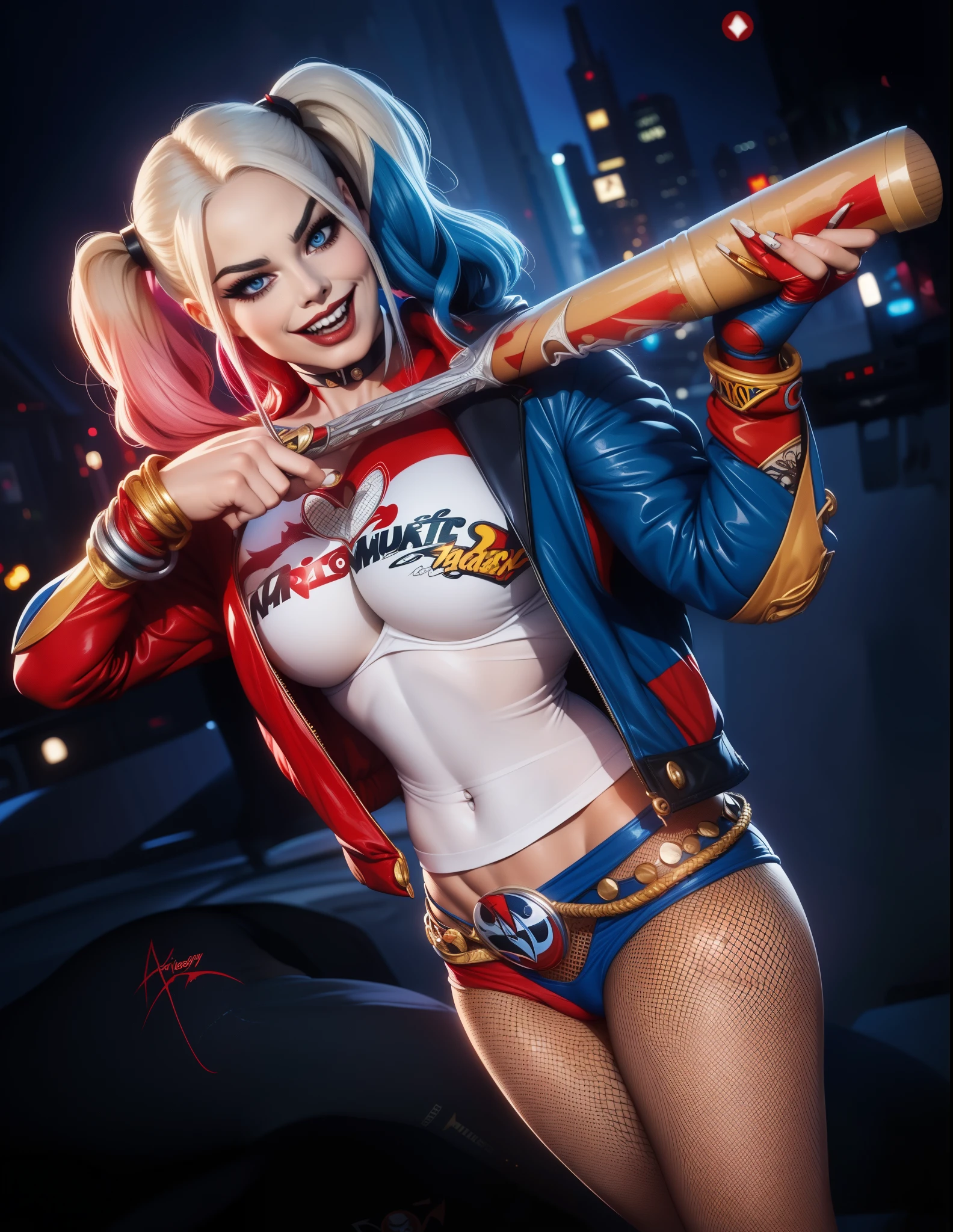 (Margot Robbie:1.1) con disfraz of Harley Quinn en escuadrón suicida, (   masterpiece  :1.3), (   The best quality :1.2), (   intricate detail:1.2), (   hyperrealistic:1.2),     character looking at the camera,    Disney Snow White cosplay character    ,  big butt,  makeup of the character   ,  ,    illustration,      crazy resolution     ,    detailed background , perspective,  a girl,  big butt, ( Bikini top with big buttocks :1.2), manos perfectas,      detailed fingers     ,    Perfect Eyes , seductive eyes,     character looking at the camera, (  of Harley Quinn :1.2 ),  Artgerm, big bust,    comic book covers.
