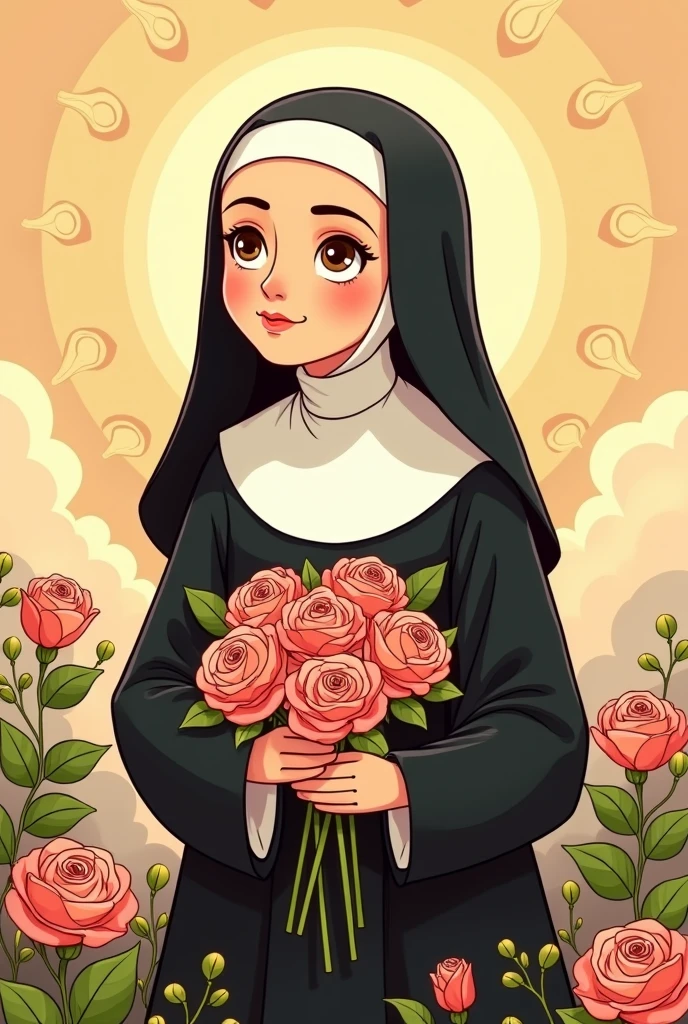 cartoon of a nun holding a plant with one big flower with 5 petals