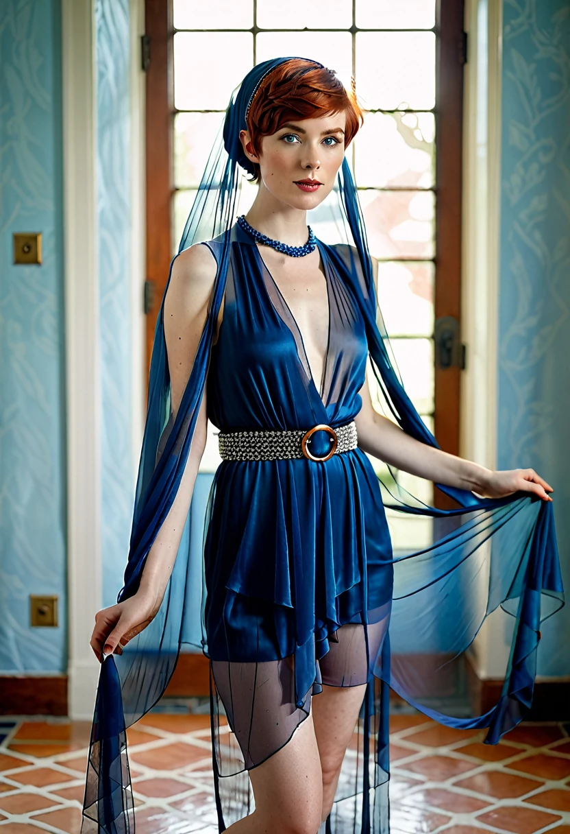  RAW Photos, Cecilia Deo 1sd full body photo,Auburn Hair, Short pixie cut, Pale skin,  slender body ,  Room Background, Blue silk veil,Silk chain belt, ( High Detail Skin :1.2),  8K HD Streaming,  DSLRs,  soft lighting ,  High Quality ,  Film Grain,  Fujifilm XT3 