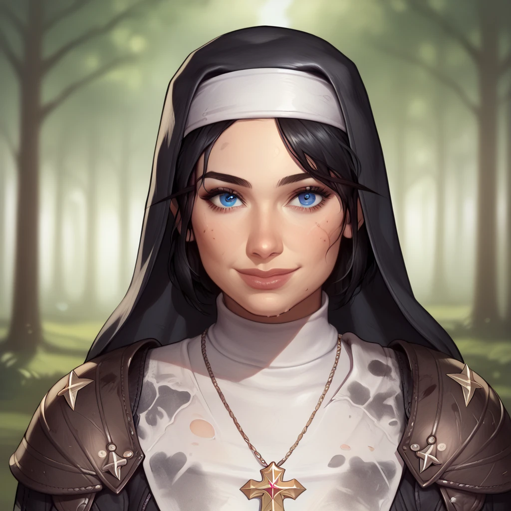 (((beautiful, high quality, comics style, detailed face))), score_9, score_8_up, score_7_up, BREAK, 1girl, duxlipa, warrior nun, small pointed ears, black hair, blue eyes, leather armor, (leather shoulder pads:1.4), simple pendant, nun veil, dirty clothes, smile, docile, female focus, solo:1.4, portrait, upper body, portrait, looking at the viewer, forest background, fantasy, blurred background, Expressiveh, detailxl, DeepNegative_xl_v1