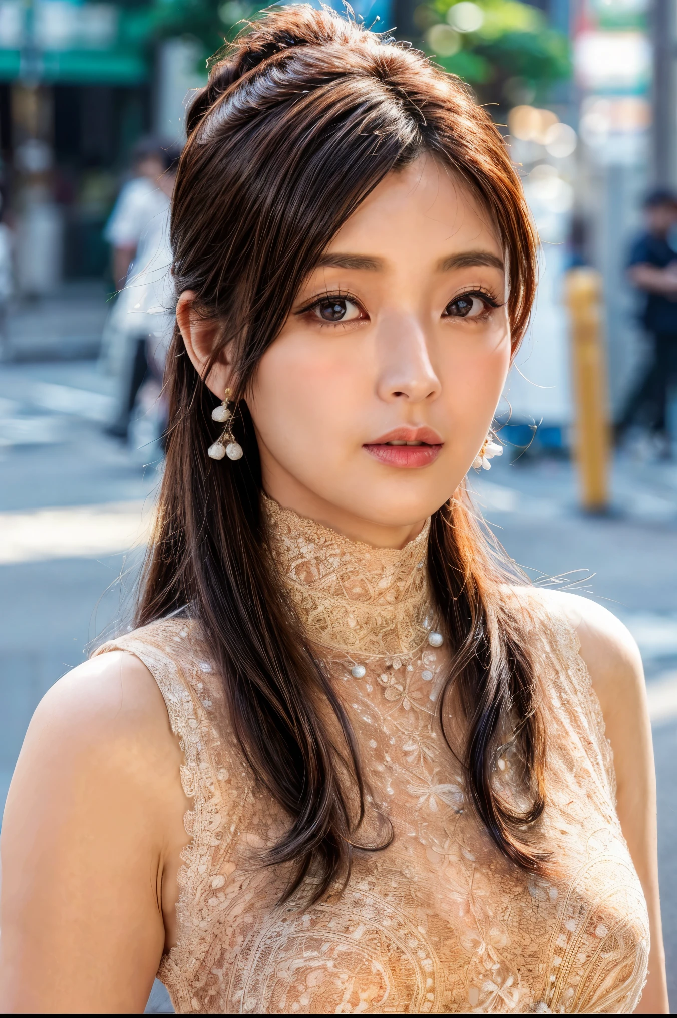 (high resolution photograph of a Japanese mature woman posing on the street corner), realistic, photo-realistic, best quality, masterpiece, 8k, RAW photo, intricate details, extremely detailed, sharp focus, professional lighting, portrait, solo, 1girl, an elegant lady, sensual pose, medium breasts, (lace-trimmed dress, high neck, sleeveless:1.5), (forehead, medium hair, ponytail hair, hair scrunchie), pale skin, detailed face, beautiful detailed eyes, sophisticated nose, earrings with jewelry, pearl necklace, (serious face, closed mouth), looking at viewer, photo background, outdoors, street, crowds, daytime, 