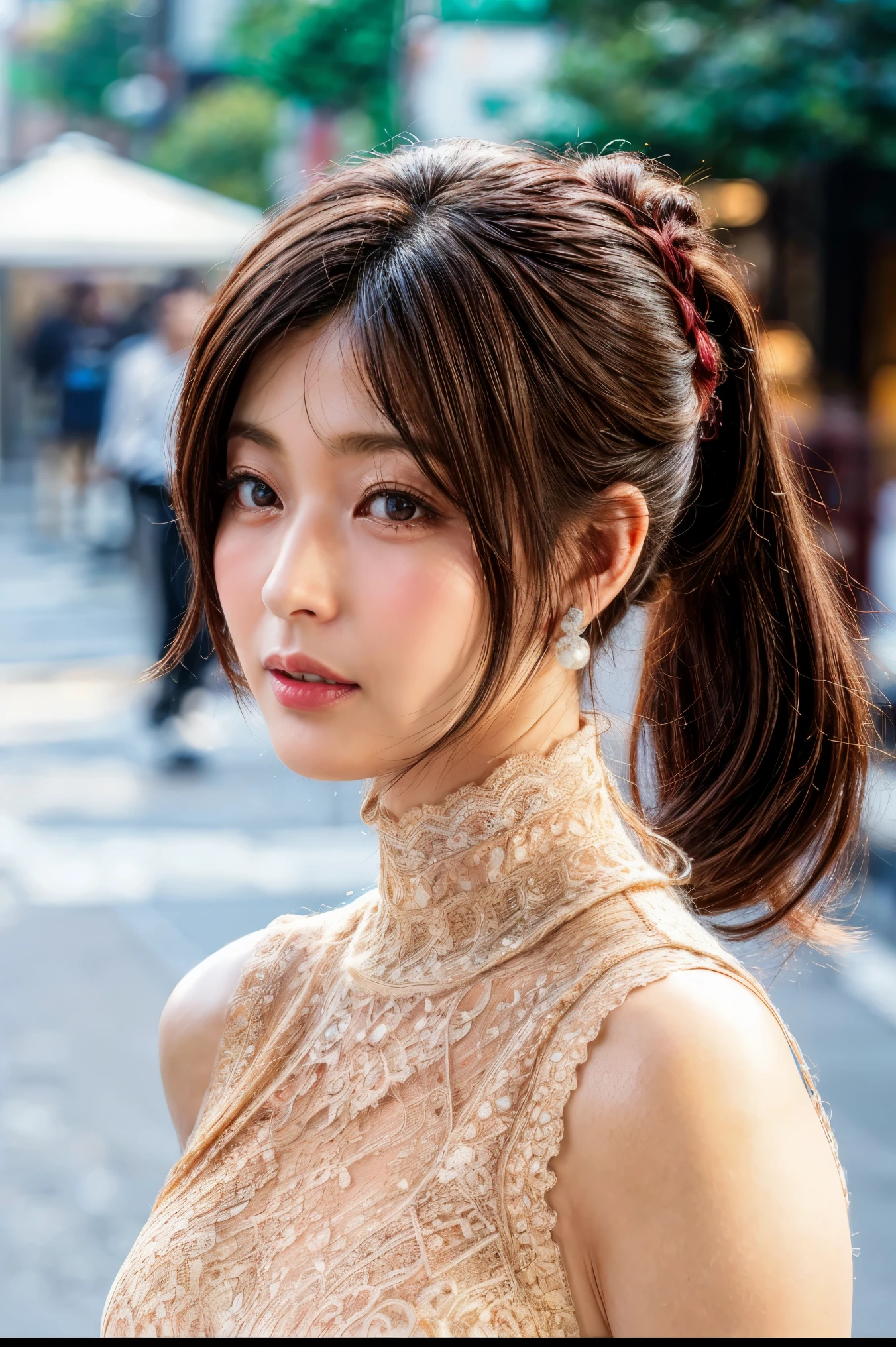 (high resolution photograph of a Japanese mature woman posing on the street corner), realistic, photo-realistic, best quality, masterpiece, 8k, RAW photo, intricate details, extremely detailed, sharp focus, professional lighting, portrait, solo, 1girl, an elegant lady, sensual pose, medium breasts, (lace-trimmed dress, high neck, sleeveless:1.5), (forehead, medium hair, ponytail hair, hair scrunchie), pale skin, detailed face, beautiful detailed eyes, sophisticated nose, earrings with jewelry, pearl necklace, (serious face, closed mouth), looking at viewer, photo background, outdoors, street, crowds, daytime, 