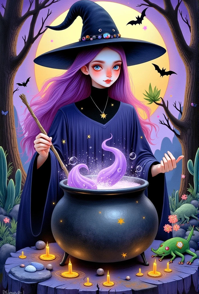   Young beautiful witch woman wearing a black witch hat and purple robe ,  there is a huge black witch cauldron on the table with a bubbling purple potion ,   around purple bubbles ,  holds a magic wand and a pot with a monster plant in her hands,  bats are flying around , Sunset, long purple hair  , Compose            , Painting \(medium\),  ,   A star            \(sky\),            A star            \(symbol\),     watercolor \(medium\),      a magical forest around  