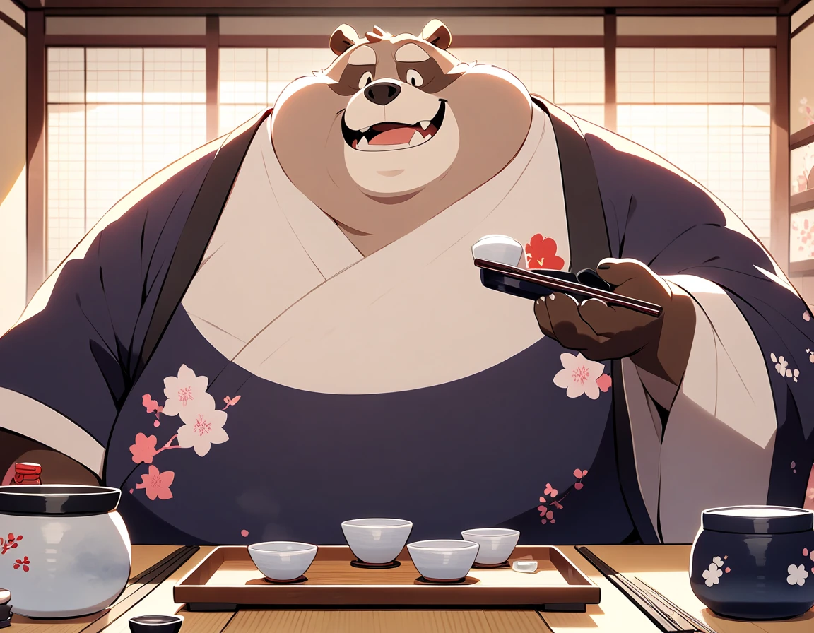  Big Fat Raccoon Man, Fat face、masterpiece,  best quality , VERY BEAUTIFUL、kimono、Japanese-style room、 beautiful splashes 、Japanese Sake 、Eat Japanese food