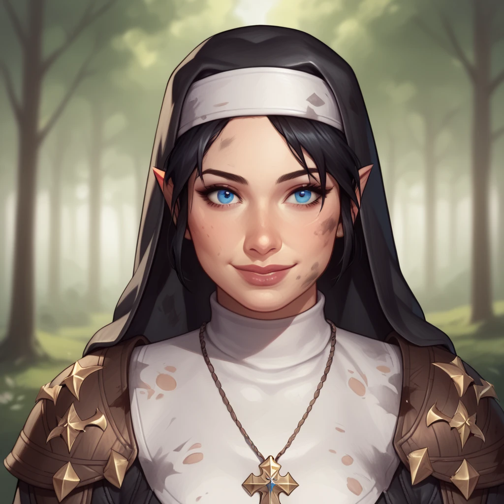 (((beautiful, high quality, comics style, detailed face))), score_9, score_8_up, score_7_up, BREAK, 1girl, duxlipa, warrior nun, small pointed ears, black hair, blue eyes, leather armor, (leather shoulder pads), simple pendant, nun veil, dirty clothes, smile, docile, female focus, solo:1.4, portrait, upper body, portrait, looking at the viewer, forest background, fantasy, blurred background, Expressiveh, detailxl, DeepNegative_xl_v1