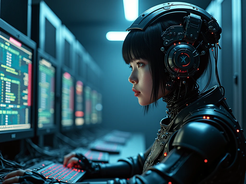 anime, negative space,  1girl ,  Asian Beauty , Perfect Style, perfect body, small head,  perfect hands, realistic skin, anatomically correct, she's wearing a shiny black rider suit, She has infiltrated a secret experimental facility , ( The laboratory is lined with experimental tools such as computers, water tanks, flasks, and test tubes:1.2), Dark Laboratory, (She uses a computer), red patrol light, cinematic lighting, glowing light, 8k, UHD, super detail, best quality,  highres, masterpiece