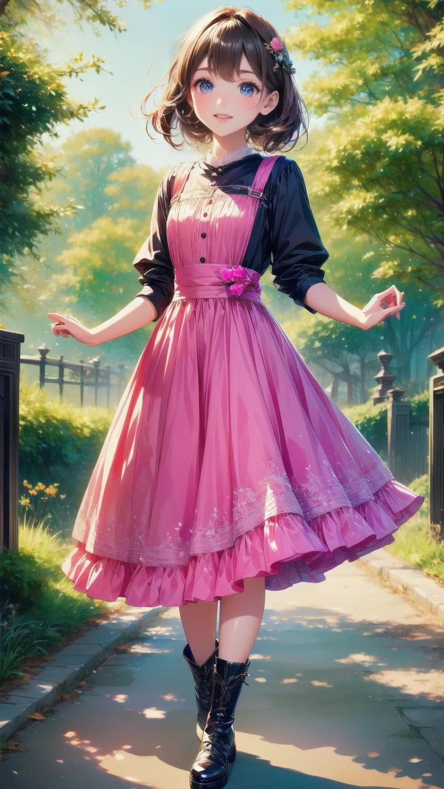 、 beautiful girl、とてもcute天使、 pink gothic dress 、cute、baby face、smile、 long skirt、 black long boots 、
