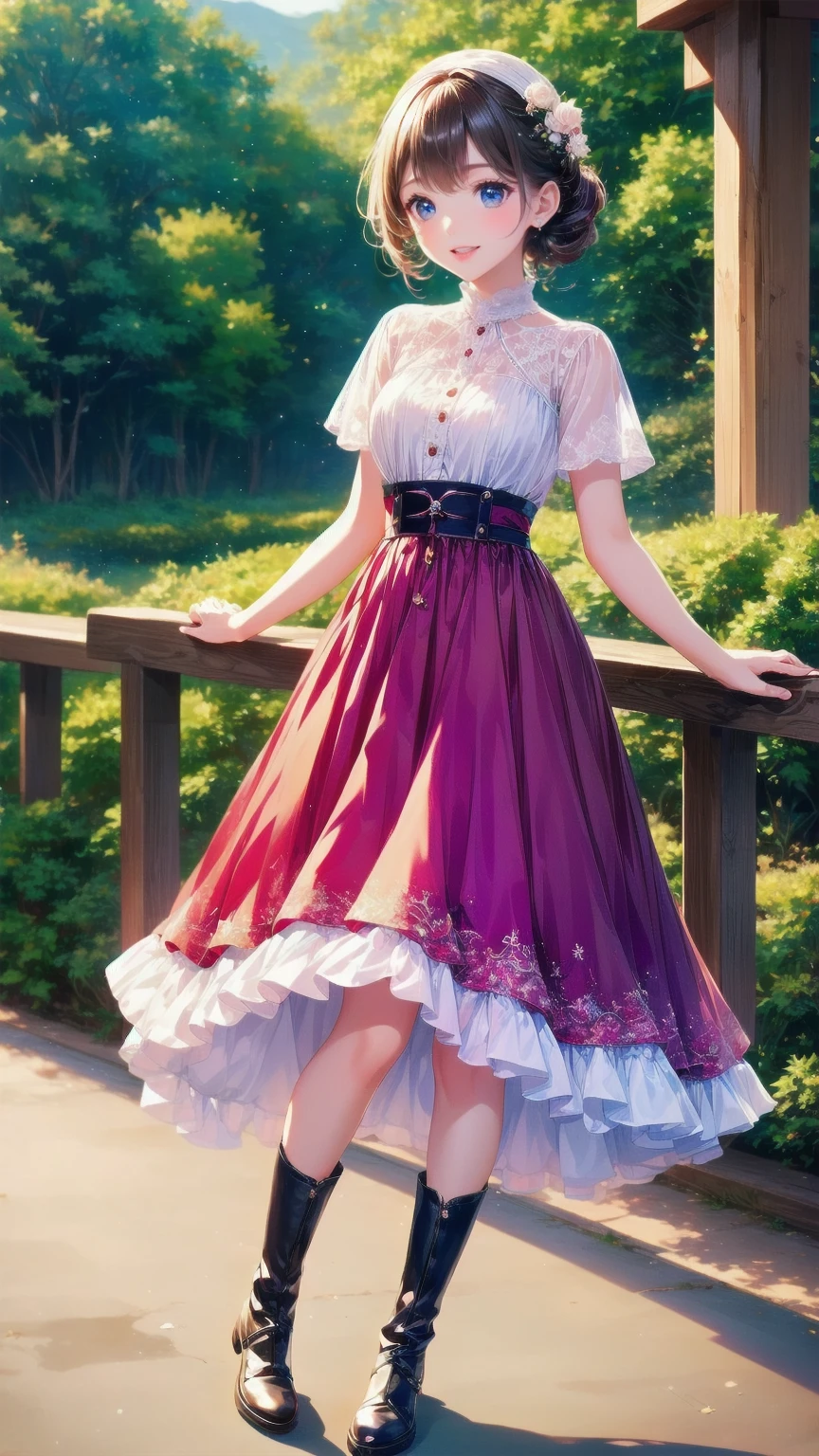 、 beautiful girl、とてもcute天使、 pink gothic dress 、cute、baby face、smile、 long skirt、 black long boots 、
