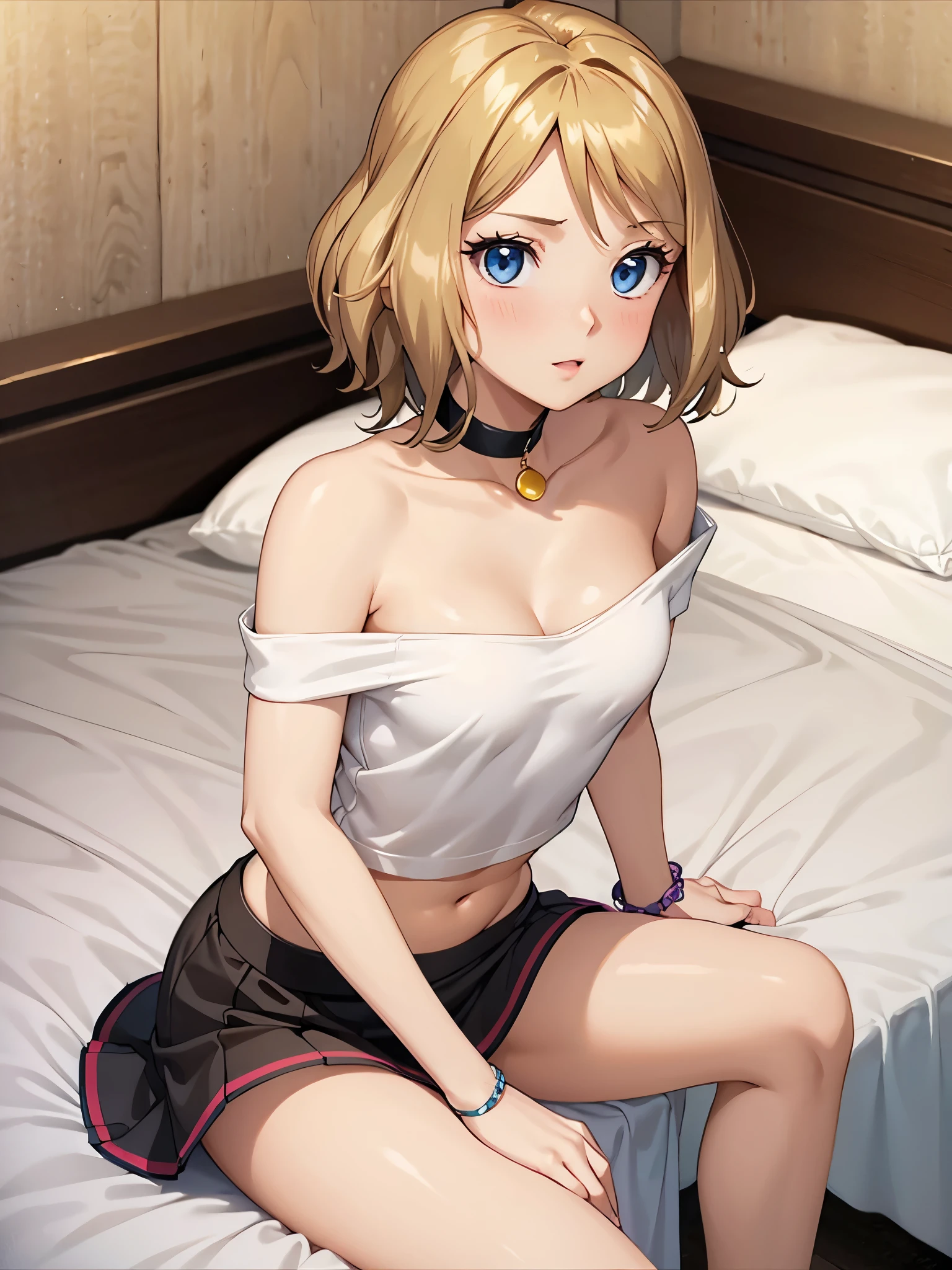 1woman, beautiful woman, photo of slim girl model, cute young woman, happy, small, (Young), good-looking, very short blouse, miniskirt, light brown hair, short hair, wavy hair, bare arms, large breasts, blue eyes, perfect anatomy, perfect hands, detailed eyes, navel, midriff, beautiful and detailed lips, woven bracelets, indoors, bedroom, bed, sitting on bed, close up, on back, long eyelashes, beautiful face, detailed eyelashes, detailed lips, lip gloss, anime style, naughty face, knee up, bare shoulders, plunging neckline,