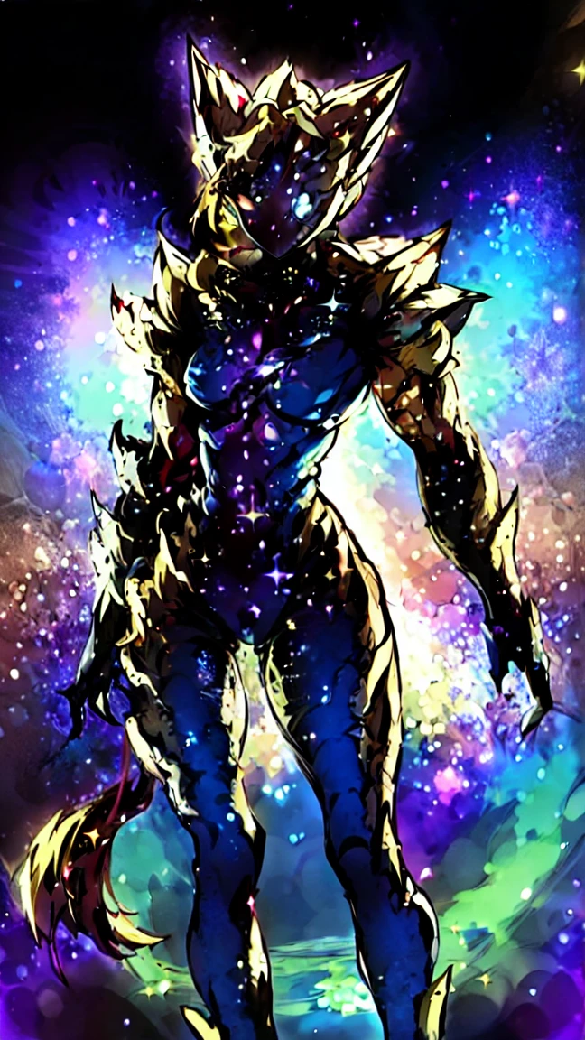 Alone, 1 girl, no eyes,  feminine approach , bright blue, space, galaxy, blue aura,  bright radiation , Cosmic body , outerspace background, karenbeecher, hair bun, Muscular woman, full cosmic armor long hair  , Half ,  slender and muscular legs ,   arm with cosmic armor and muscular,  full body,