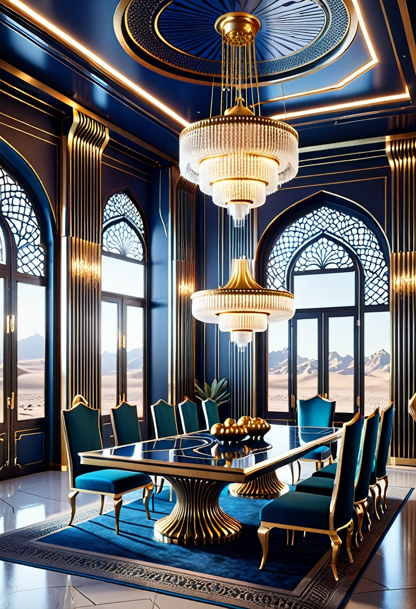 There is a dining room with table and chairs and chandeliers, cgsociety 9, Futuristic persian palace, cgsociety Unreal Engine, Redshift Houdini, Futuristic. Game CG, Unreal Engine Cinema 4D, Glamorous cyberpunk decor , Surreal Symmetry 8k, Rene Lalique、Eddie Mendoza, Cinematic Unreal 5,  cinematic smooth Unreal Engine   