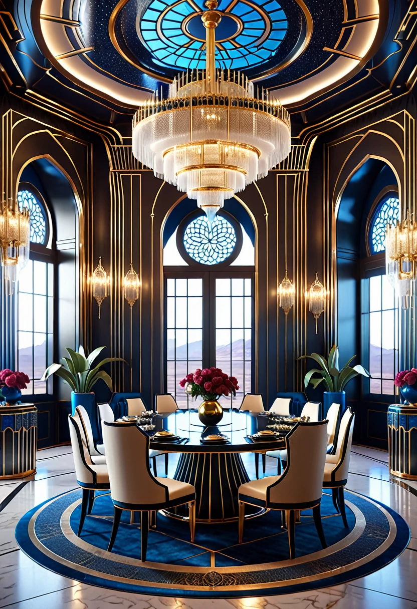 There is a dining room with table and chairs and chandeliers, cgsociety 9, Futuristic persian palace, cgsociety Unreal Engine, Redshift Houdini, Futuristic. Game CG, Unreal Engine Cinema 4D, Glamorous cyberpunk decor , Surreal Symmetry 8k, Rene Lalique、Eddie Mendoza, Cinematic Unreal 5,  cinematic smooth Unreal Engine   