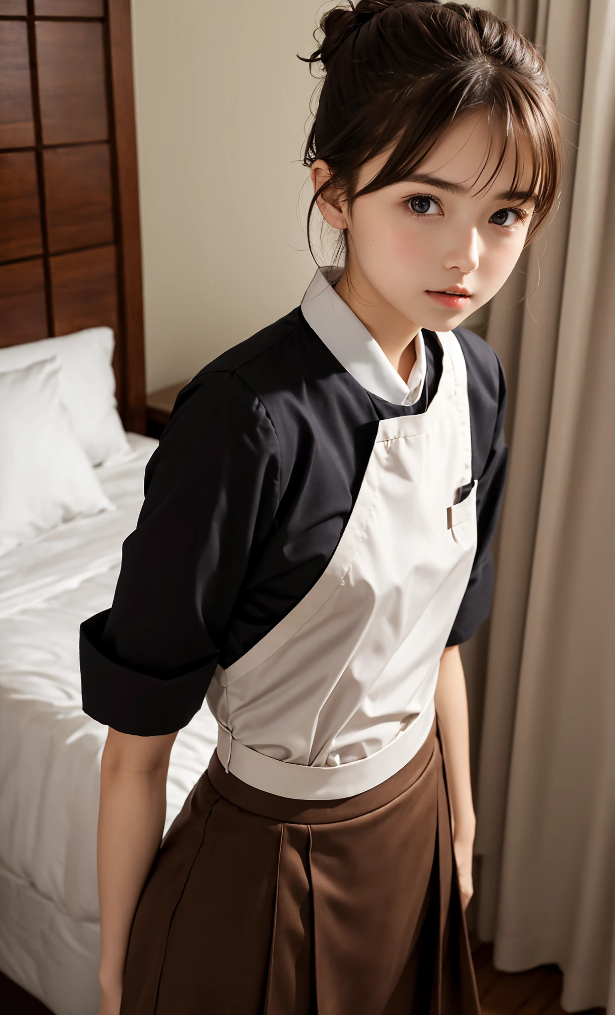 Maid, chignon hair,brown hair,slender body,cute pretty girl