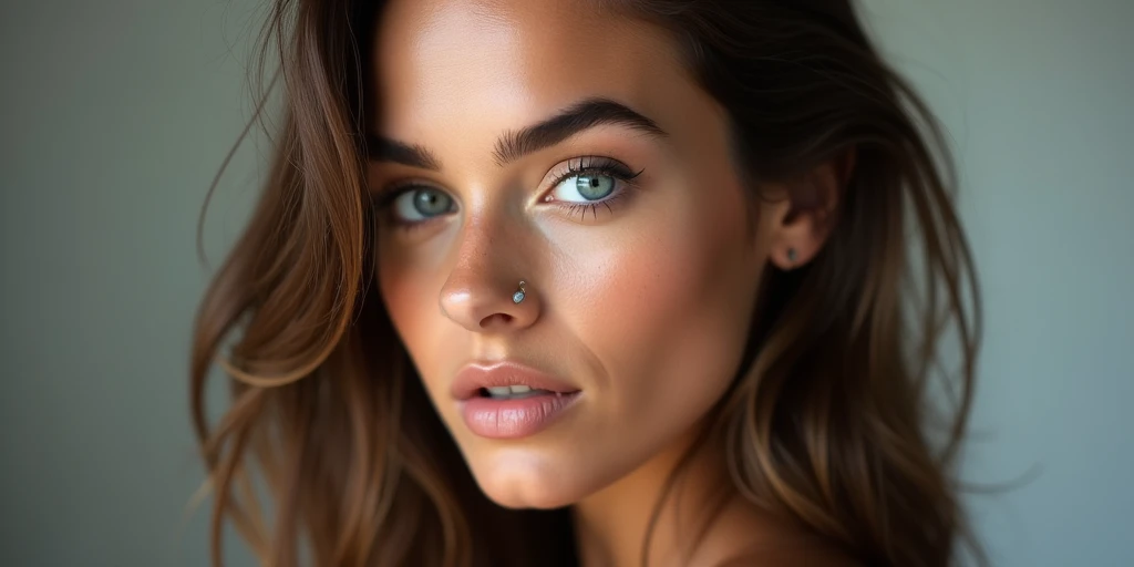 Sexy model, gorgeous stunning italian spanish female, brush up eyebrows, matte lips, half closed eyes, brown long hair flipped back, vivid blue eyes, glowing skin, full body view, ai, mid twenties, eye highlights, deep set eyes