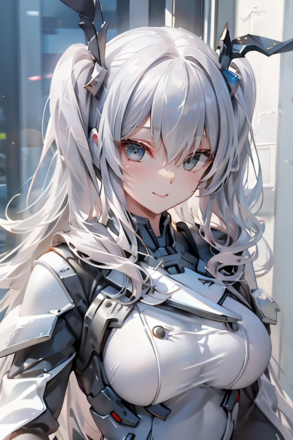 super detailed , masterpiece, best quality, Alone, 1 girl , (White Eyes:1.1), ( Grey Eyes:1.3), Grey Hair, very long hair, long twin tail , hide one eye with bangs , medium breasts, Valkyrie , metallic hair ornament with ren croco dome , pink, レンクロココドーム付き, Gray Uniform, upper body、 camera 、 gentle smile