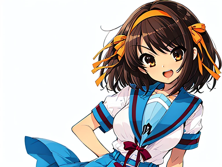 1girl, haruhisuzumiya, brown eyes, brown hair, medium hair, hair ribbon, hairband, kita high school uniform, serafuku, sailor collar, short sleeves, skirt, suzumiya haruhi, haruhisky v3 , medium breasts