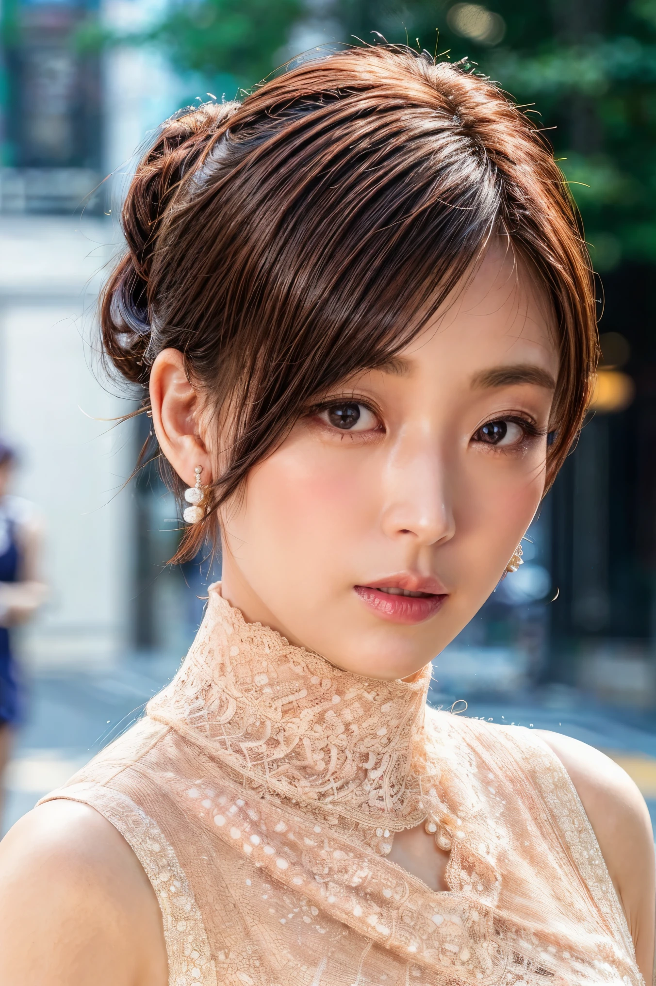 (high resolution photograph of a Japanese mature woman), realistic, photo-realistic, best quality, masterpiece, 8k, RAW photo, intricate details, extremely detailed, sharp focus, professional lighting, portrait, solo, 1girl, an elegant lady, sensual pose, medium breasts, (pastel color dress, lace-trimmed dress, high neck, sleeveless:1.5), (forehead, medium hair, ponytail hair, hair scrunchie), pale skin, detailed face, beautiful detailed eyes, sophisticated nose, earrings with jewelry, pearl necklace, (serious face, closed mouth), looking at viewer, photo background, outdoors, street corner, crowds, daytime, 