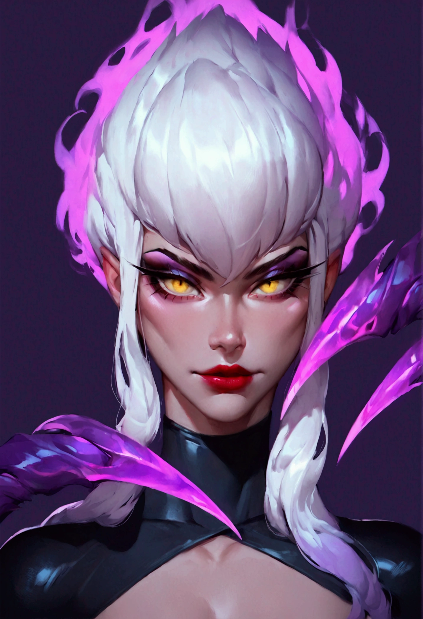 (score_9, score_8_up, score_7_up), zPDXL, 1 girl, alone, evelynn, looking at viewer, jungle, lascivious gaze, provocative face, yellow eyes, background, white hair, tight clothing, sexy body, red lips, black clothing, sharp tentacles, claws, purple, simple background, dark sexual energy, dark aura, purple claws,