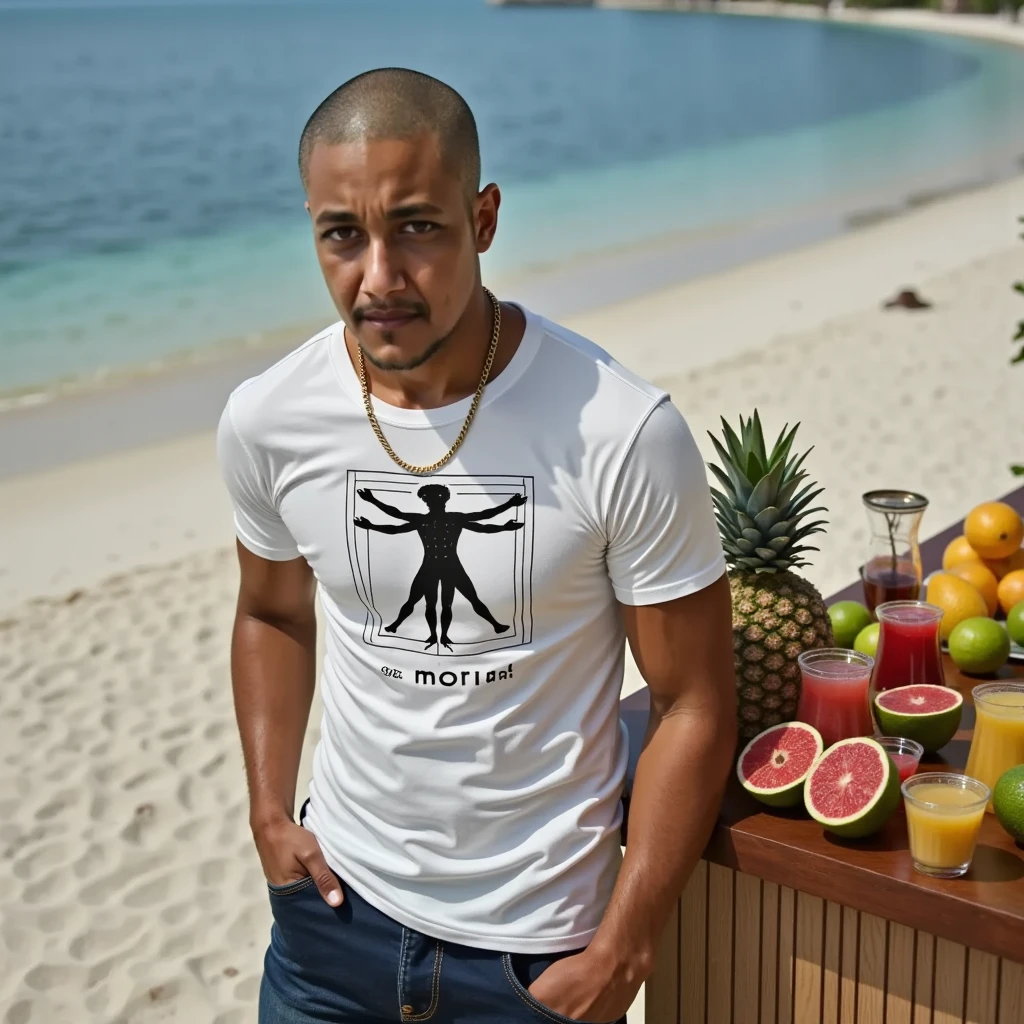 handsome brazilian blackman with shaved hair , thin, Sportswear , 172cm de altura, ( white t-shirt that reads the phrase "No Gods" and the image of a man vitruvian. minimalist t-shirt print . tennis), on the beach , leaning against a counter full of fruits and fruit juices, most incredible image in the world