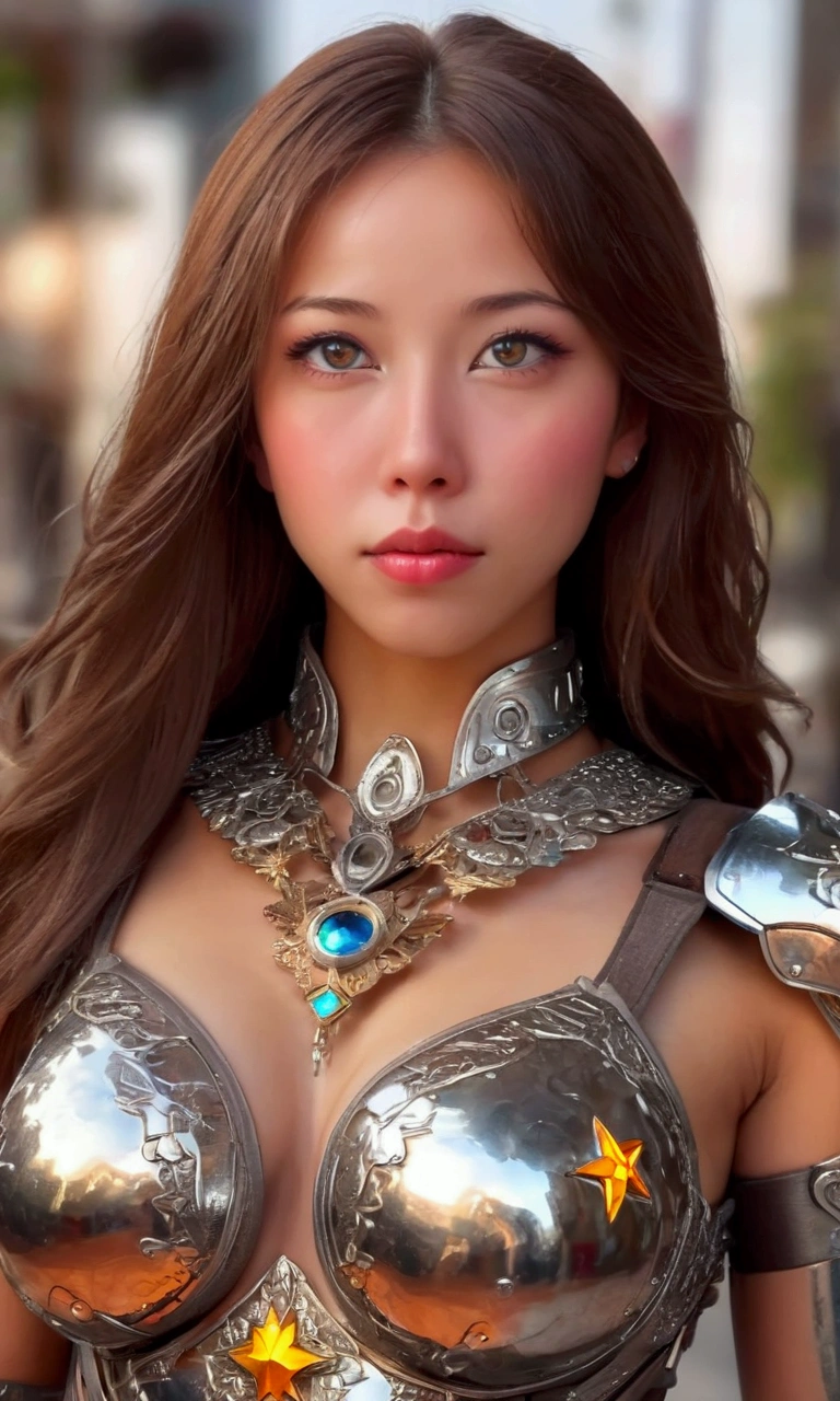 masterpiece, (photorealistic: 1.4), highest quality, beautiful lighting, outdoor, girl single, solo, jewelry, earrings, long hair, blue eyes, black hair, armor, shoulder armor, upper body, outdoor, big breasts, shoulder blades, lips, sky, sunset, braid, hair ornament, real, bangs, clouds, necklace, pillar, hair band, big tits, daytime, tiara, (very detailed wallpaper of cg unity 8k), complex, high detail, sharp focus, dramatic, bishōjo, golden detail , raw photography, 8k uhd, film grain