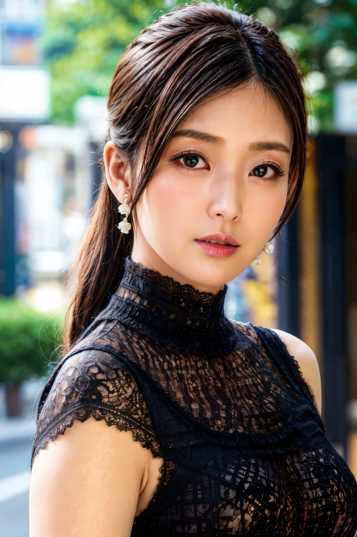 (high resolution photograph of a Japanese mature woman), realistic, photo-realistic, best quality, masterpiece, 8k, RAW photo, intricate details, extremely detailed, sharp focus, professional lighting, portrait, solo, 1girl, an elegant lady, sensual pose, medium breasts, (dark color dress, lace-trimmed dress, high neck, sleeveless:1.5), (forehead, medium hair, ponytail hair, hair scrunchie), pale skin, detailed face, beautiful detailed eyes, sophisticated nose, earrings with jewelry, pearl necklace, (serious face, closed mouth), looking at viewer, photo background, outdoors, street corner, crowds, daytime, 