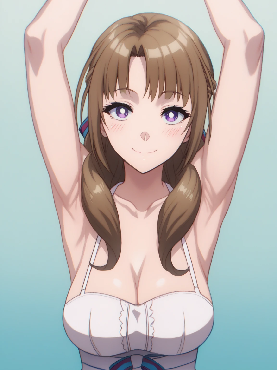 score_9, score_8_up, score_7_up, source_anime,  mamako oosuki, purple eyes, brown hair, long hair, cleavage, large breasts, white dress, looking at viewer, eye contact with viewer, smile, (smug:0.8), closed mouth, light blush, bare shoulders, bare arms, arms up, raised arms, arms behind head, armpits