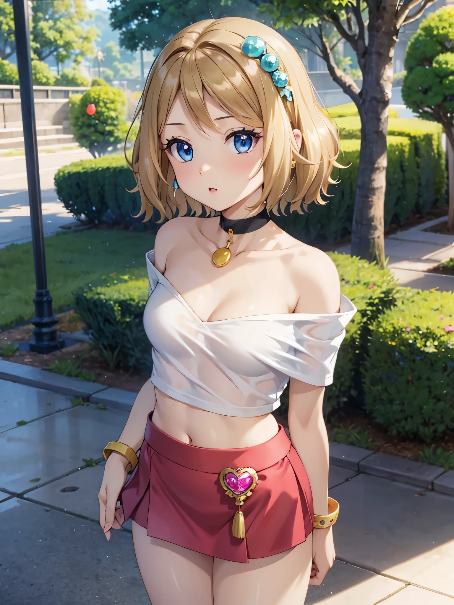 1woman, beautiful woman, photo of slim girl model, cute young woman, happy, small, (Young), good-looking, very short blouse, miniskirt, light brown hair, short hair, wavy hair, bare arms, large breasts, blue eyes, perfect anatomy, perfect hands, detailed eyes, navel, midriff, beautiful and detailed lips, woven bracelets, outdoors, japanese street, standing, close up, long eyelashes, beautiful face, detailed eyelashes, detailed lips, lip gloss, anime style, naughty face, bare shoulders, plunging neckline,