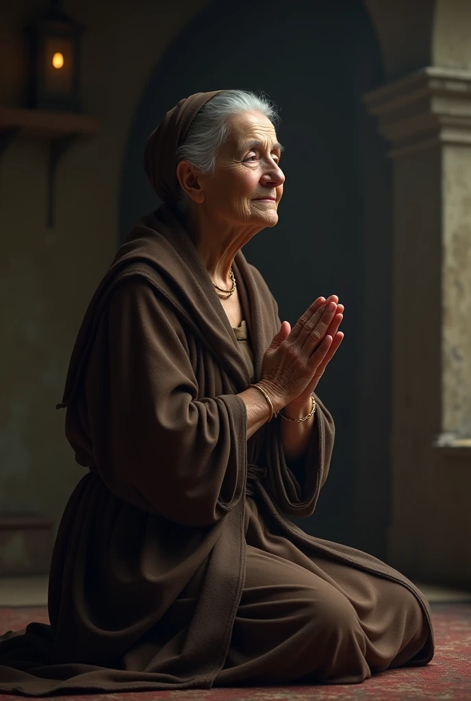 an elder woman sitting on a old chair in library, wrapped on the sheet, hermit, marble statue, dark octane render, lighting from candle lamp, baroque, european, mandala, side view from bottom, anatomically correct, super detailed. Latex nun cloth
