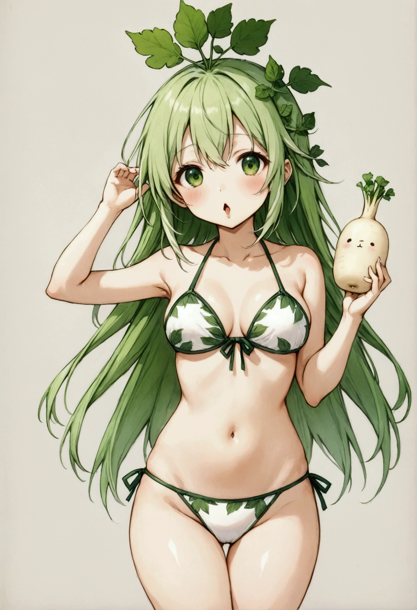 Girl, watermelon, short green hair, red eyes, watermelon costume, big breasts, exposed belly,