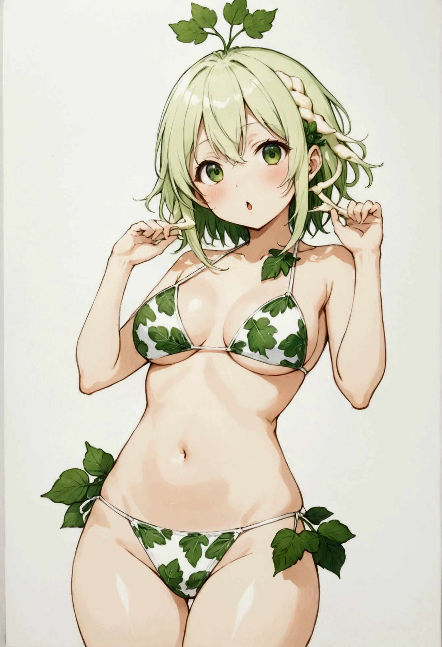 (Daikon Idol :Eyes and mouth:limbs:white:Leaf Hair ), A human-like daikon character with a long white body and green leafy hair,Bikini Wear, Gravure Shooting,セクシーポーズ