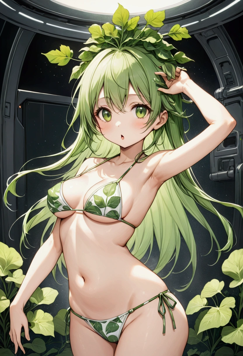 (Daikon Idol :Eyes and mouth:limbs:white:Leaf Hair ), A human-like daikon character with a long white body and green leafy hair,Bikini Wear, Gravure Shooting,セクシーポーズ