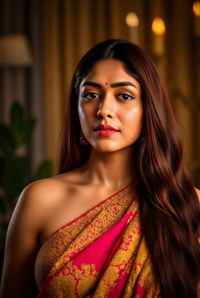 a beautiful woman wearing a sleeveless one-shoulder saree, exposing her belly button and back, with a hint of sideboob, (best quality,4k,8k,highres,masterpiece:1.2),ultra-detailed,(realistic,photorealistic,photo-realistic:1.37),extremely detailed face and eyes,beautiful detailed lips,longeyelashes,intricate jewelry,ornate saree patterns,warm lighting,glowing skin,dramatic pose,cinematic composition,vibrant colors,indian fashion,fashion photography