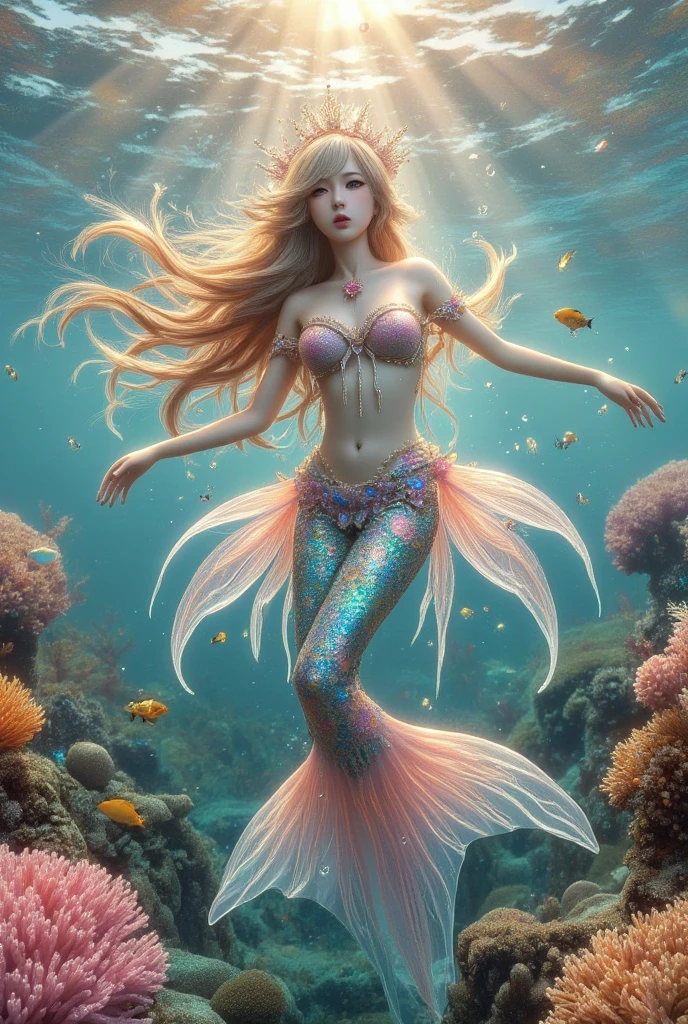 Super detailed high quality 8K, a hyper-realistic and ethereal portrayal of a graceful mermaid swimming in a vibrant, underwater world. The mermaid has long, flowing, wavy blonde hair that moves elegantly in the water, giving her a surreal, dreamlike aura. Her tail is elaborately designed, featuring scales in soft shades of turquoise, pink, and peach that shimmer with iridescent highlights. The tail fin fans out in long, delicate, feathery extensions that resemble flowing petals, gracefully trailing behind her as she glides through the water. Her upper body is adorned with intricate, coral-like adornments that blend into her skin, adding to her otherworldly beauty. Her arms are extended slightly, enhancing the sense of movement and fluidity. Surrounding her are vibrant coral reefs in shades of soft pink, blue, and orange, with small fish swimming around, adding life and detail to the underwater scene. Sunlight filters through the water above, casting a gentle, diffused glow over the entire scene, illuminating the mermaid and her surroundings with a soft, magical light. The overall ambiance is serene, mystical, and enchanting, capturing the beauty of an underwater fantasy realm